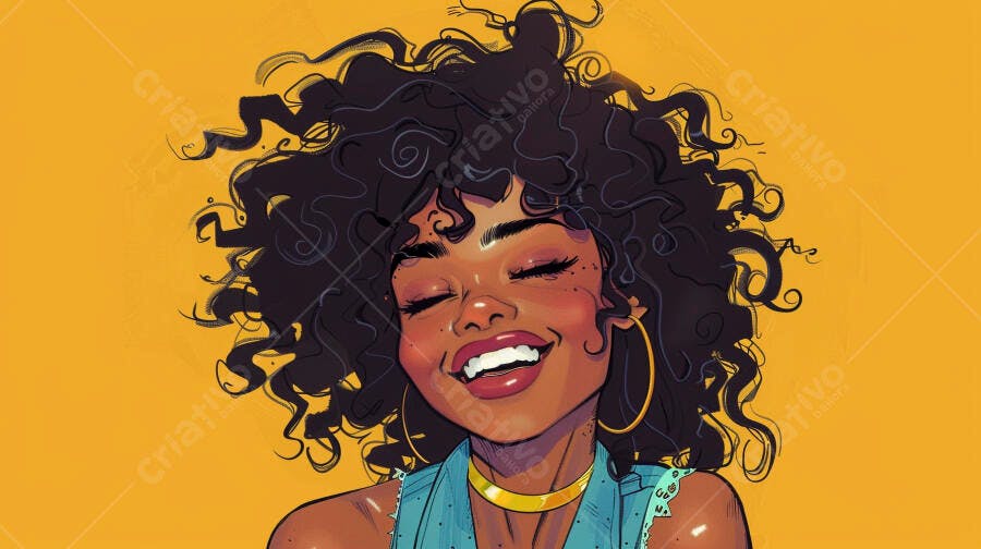 Mulher negra sorrindo com olhos fechados e cabelo cacheado em fundo amarelo vibrante