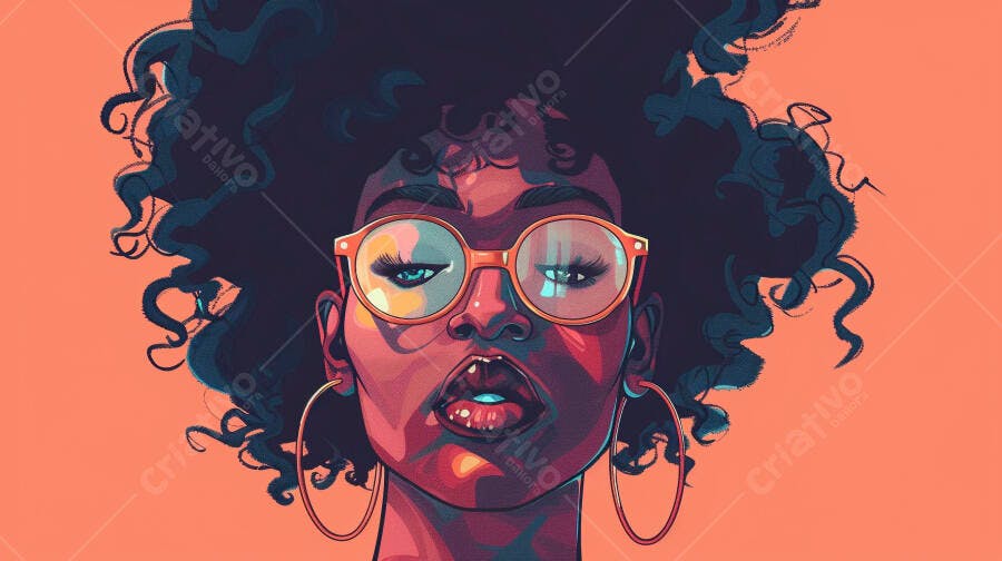 Mulher negra cabelo afro óculos redondos laranja e argolas em arte digital