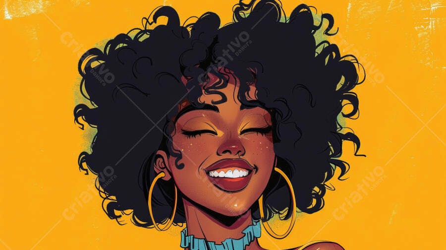 Mulher negra de cabelo crespo sorrindo alegremente com olhos fechados fundo amarelo