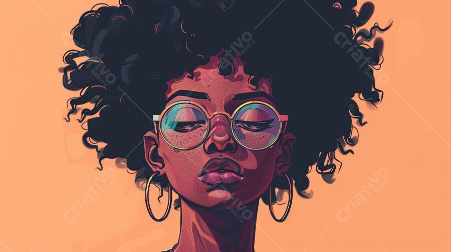 Mulher negra estilosa com óculos redondos e cabelo afro em fundo laranja