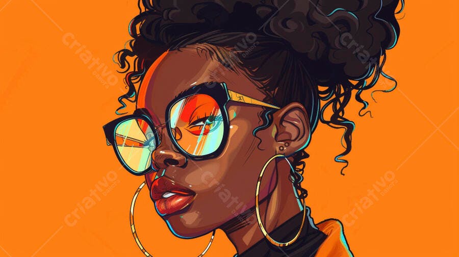 Mulher negra com óculos e brincos grandes em fundo laranja vibrante