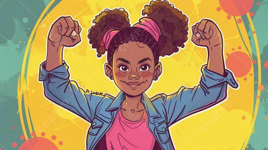 Menina negra de cabelos cacheados sorrindo fazendo pose de força em fundo amarelo