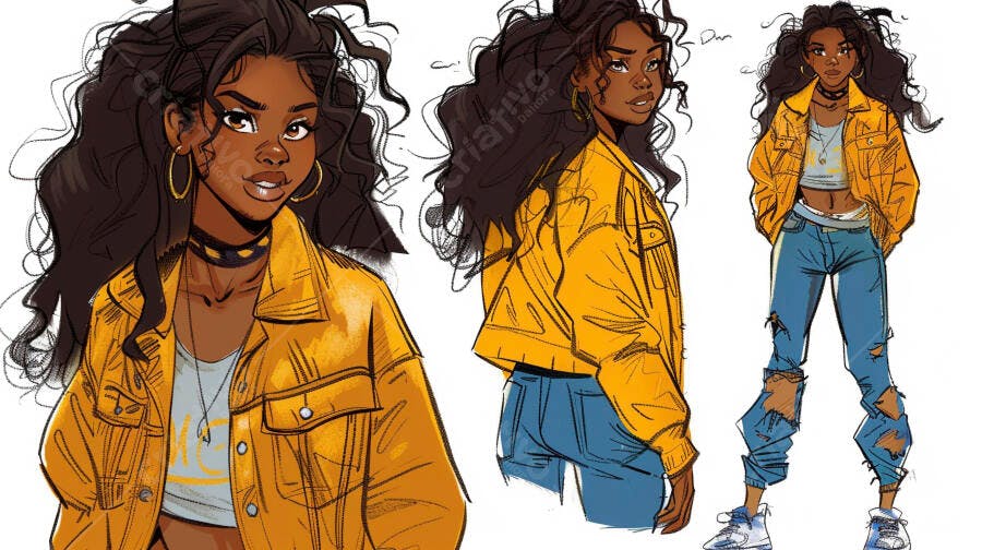 Mulher negra estilosa em jaqueta amarela jeans rasgados e cabelo cacheado