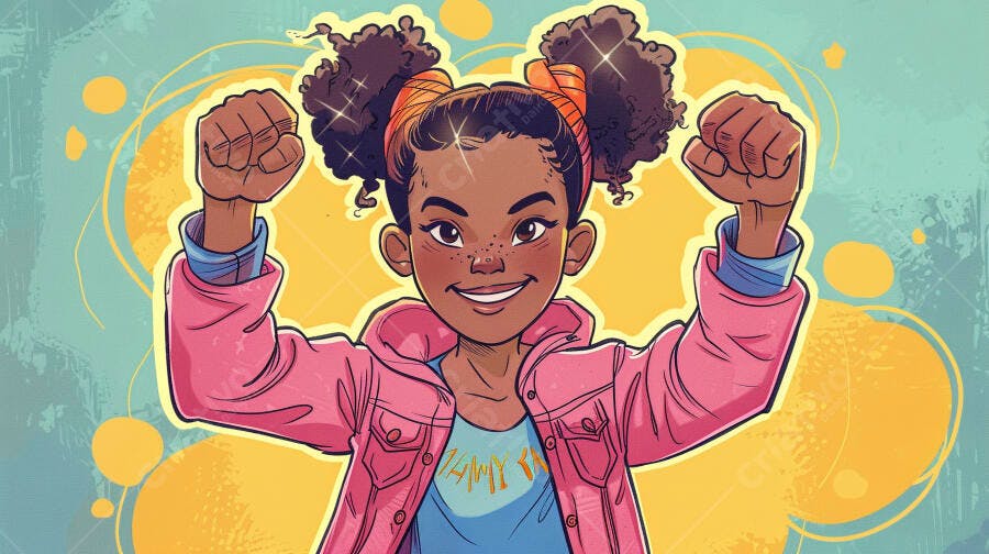 Menina negra feliz com punhos cerrados vestindo jaqueta rosa ilustração vibrante