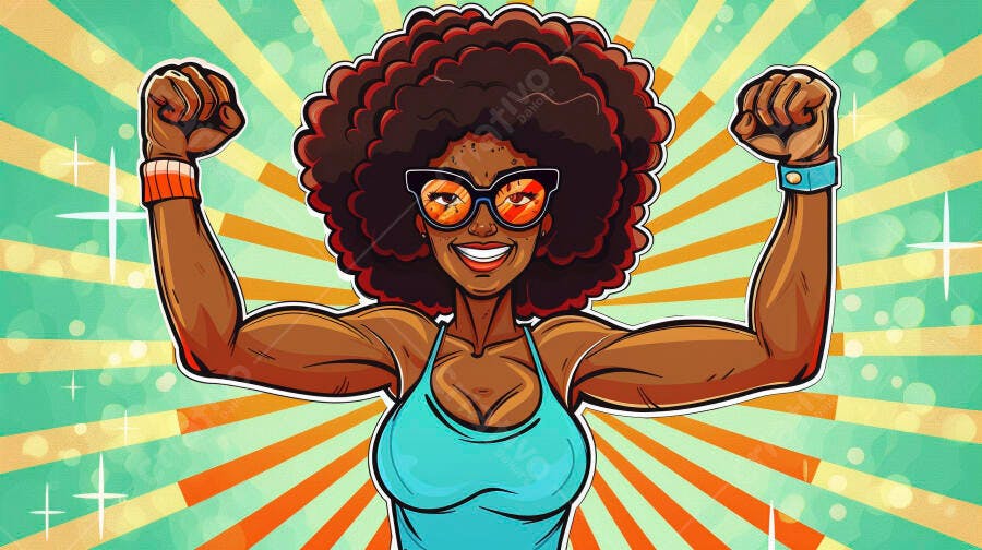 Mulher negra com cabelo afro flexionando bíceps e sorrindo com óculos de sol em fundo vibrante
