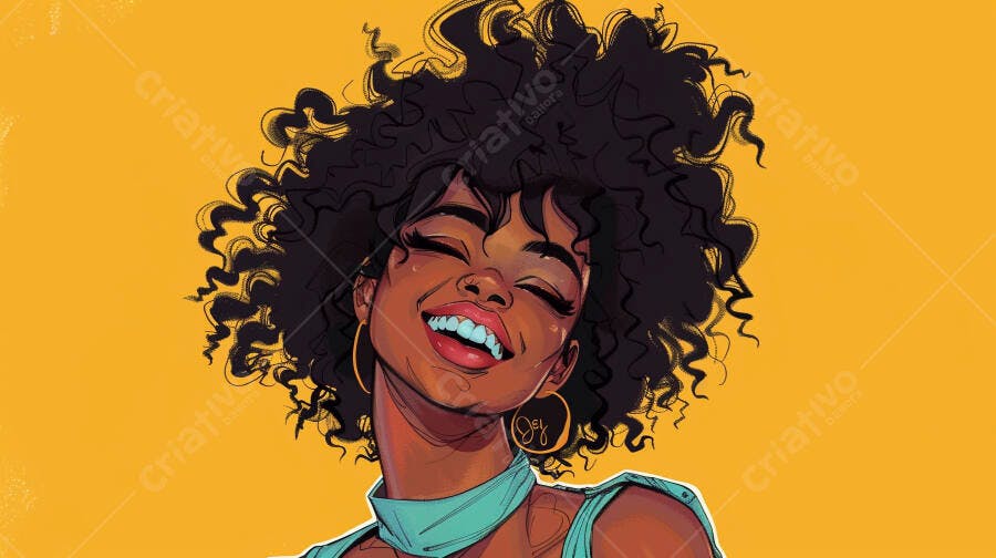 Mulher negra com cabelo cacheado sorrindo em fundo amarelo vibrante