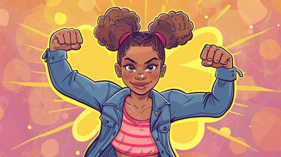 Jovem mulher negra confiante exibindo força com jaqueta jeans ilustração