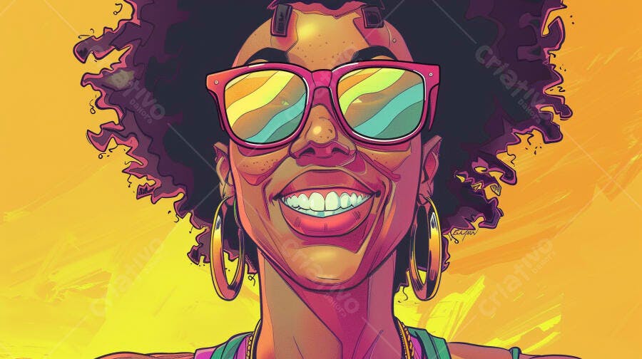 Mulher negra sorridente com óculos de sol coloridos e cabelo afro vibrante