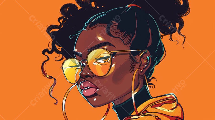 Mulher negra estilosa de óculos e brincos grandes em fundo laranja