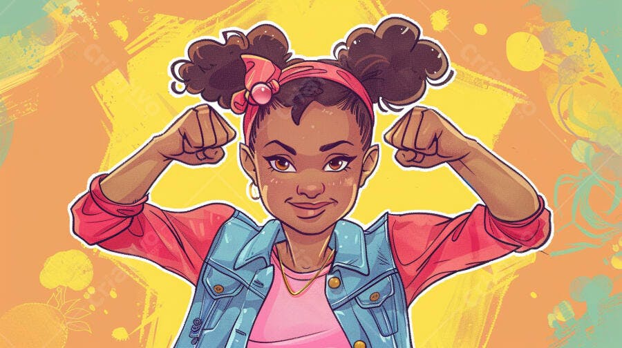 Menina negra sorrindo com cabelo afro mostrando os músculos