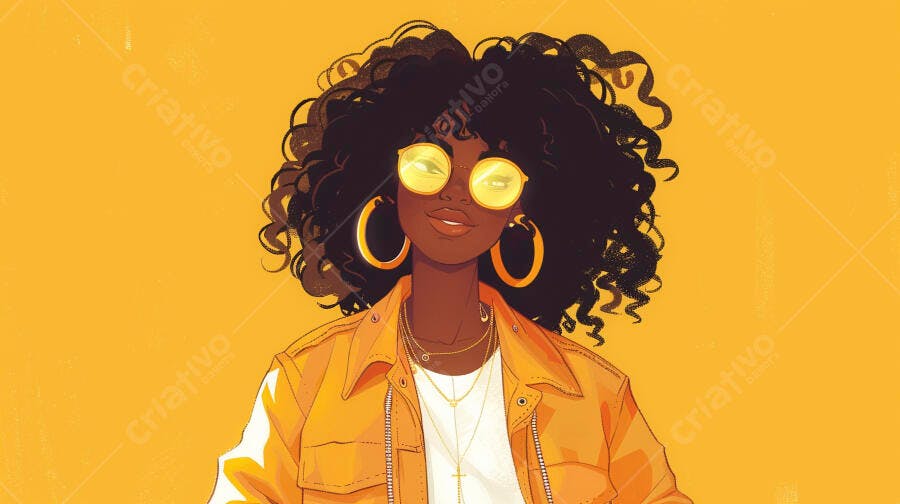 Mulher negra feliz com cabelo afro e óculos de sol amarelos ilustração