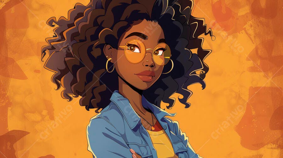 Mulher negra estilosa de óculos redondos e jaqueta jeans em fundo laranja