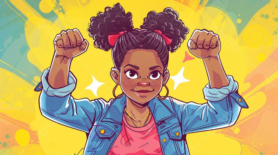 Menina negra empoderada cabelo crespo coques laços vermelhos jaqueta jeans sorrindo fundo vibrante