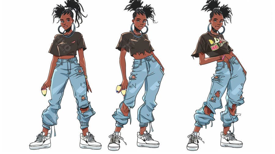 Mulher negra jovem com dreadlocks em poses urbanas com jeans rasgado