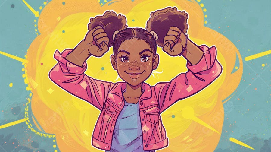 Menina negra feliz com cabelo afro puffs jaqueta rosa fundo vibrante