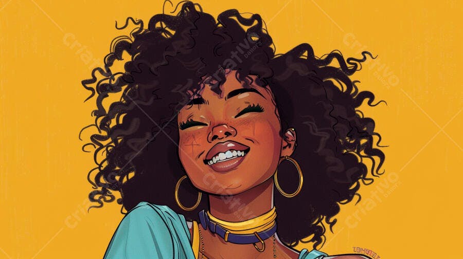 Mulher negra sorrindo feliz com cabelo crespo e brincos dourados fundo amarelo