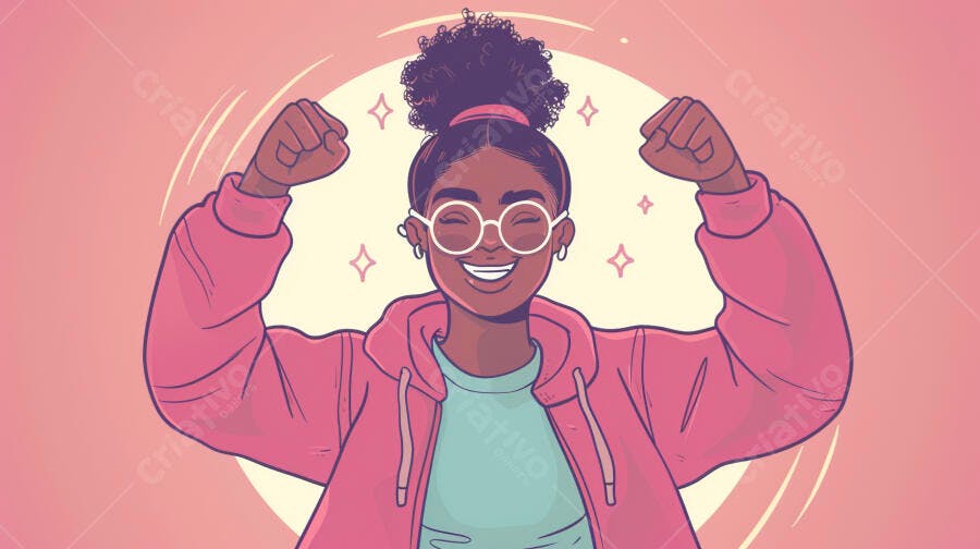 Mulher negra sorrindo de óculos redondos levantando punhos em jaqueta rosa vibrante