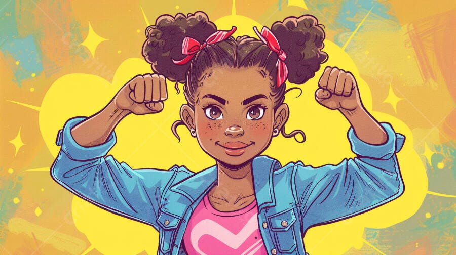 Menina negra forte com coques e jaqueta jeans em fundo vibrante