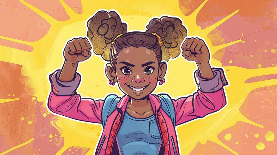 Menina negra jovem confiante mostrando força com jaqueta rosa e coques