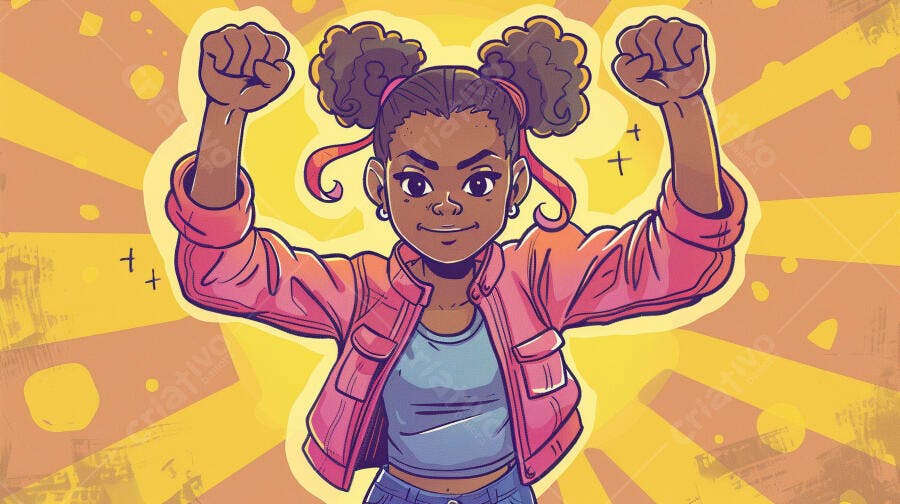 Jovem mulher negra sorrindo punhos erguidos jaqueta rosa fundo amarelo vibrante