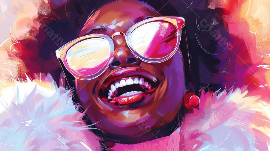 Mulher negra rindo com óculos espelhados e pele vibrante em arte digital