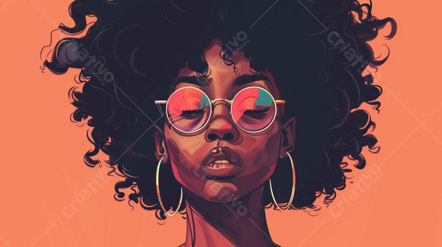 Mulher negra com cabelo afro e óculos redondos em tons quentes de laranja