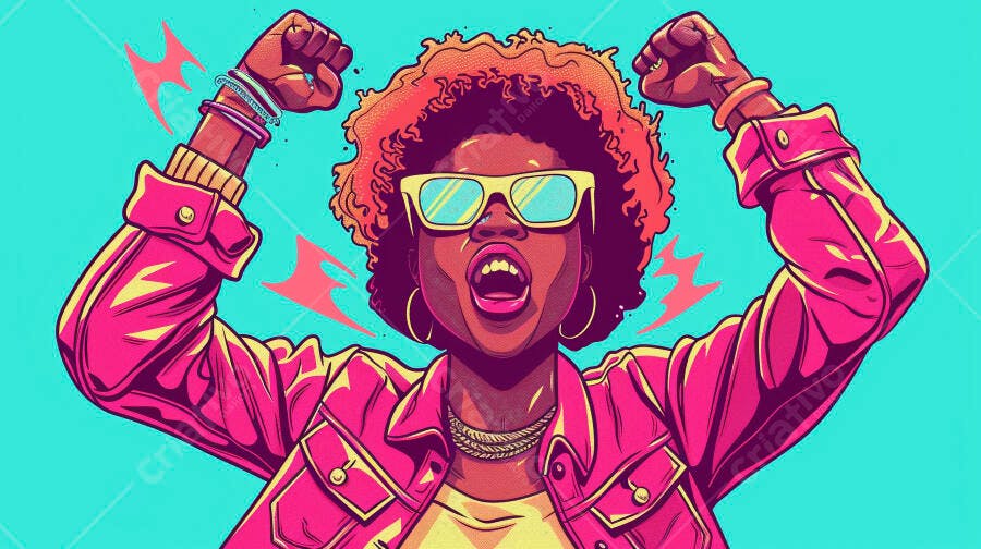 Mulher negra com punhos erguidos e óculos de sol em estilo pop art vibrante