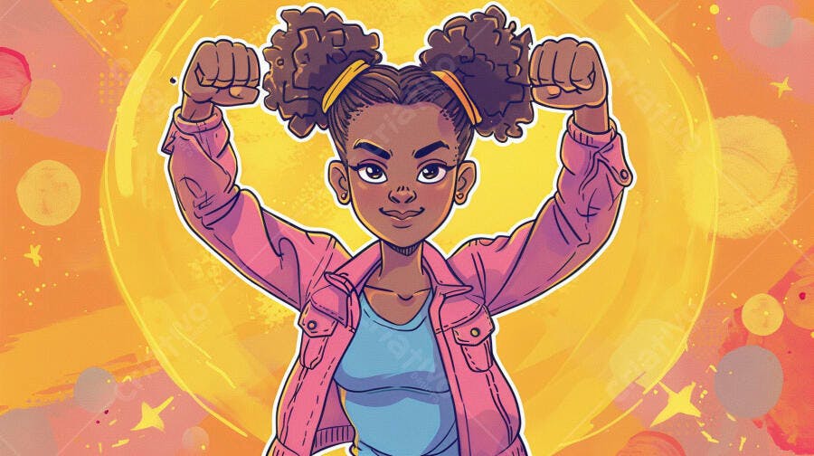 Menina negra forte de jaqueta rosa exibindo bíceps com fundo solar vibrante