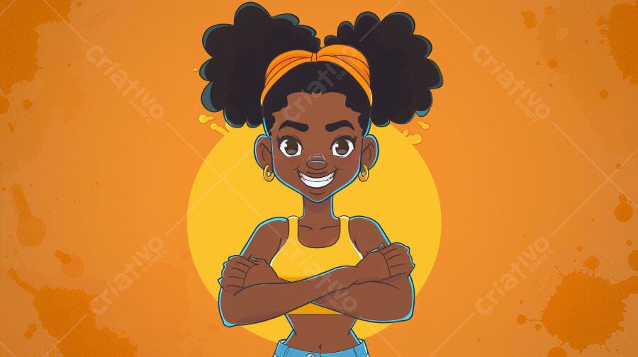 Jovem mulher negra sorrindo com cabelo afro, blusa amarela e braços cruzados