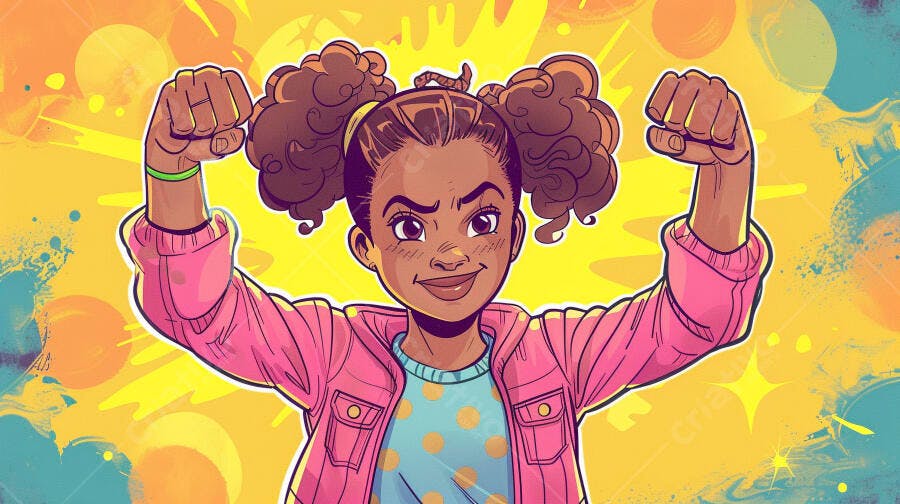 Menina negra confiante exibindo força com jaqueta rosa em fundo vibrante