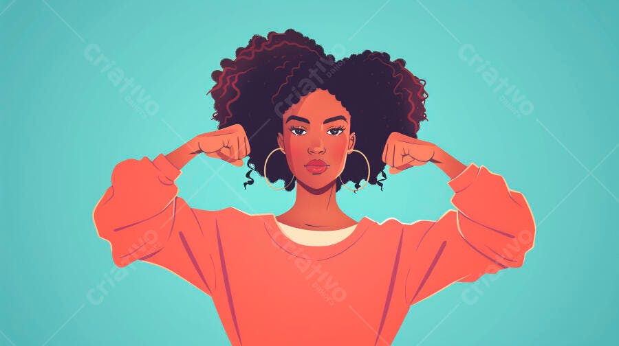 Mulher negra com cabelo afro exibindo força em suéter laranja