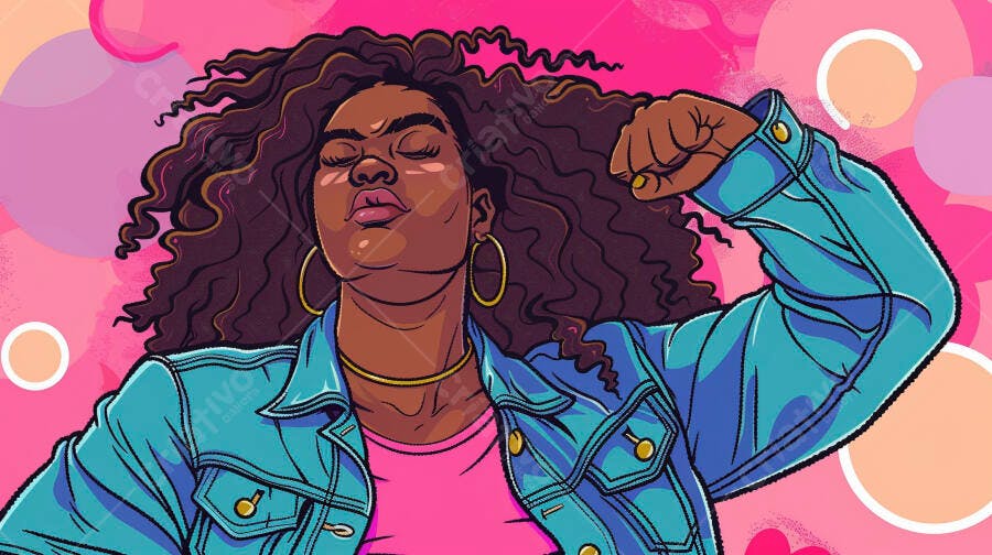 Mulher negra com cabelo cacheado e jaqueta jeans azul punho cerrado força
