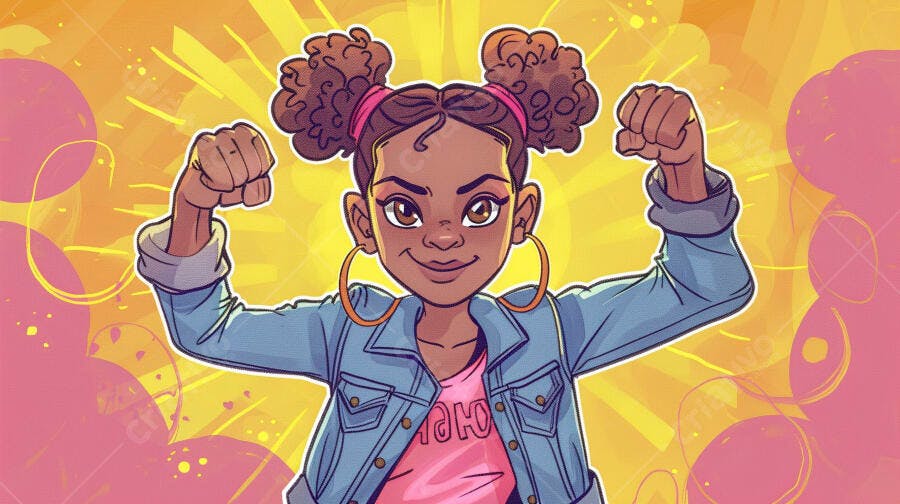 Menina negra confiante flexiona os braços em ilustração vibrante