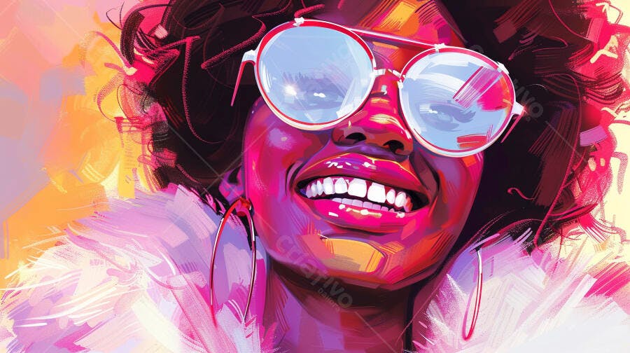 Mulher negra sorridente com óculos de sol redondos e vibrantes em ilustração