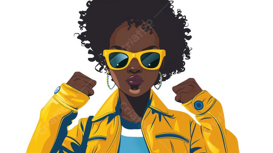 Ilustração mulher negra cabelo afro jaqueta amarela óculos de sol confiança