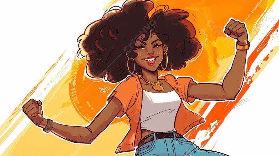 Mulher negra jovem sorrindo com braços fortes e cabelo cacheado em fundo laranja