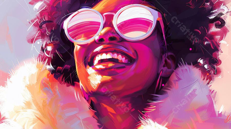 Mulher negra sorrindo com óculos de sol redondos e cabelo crespo ilustração vibrante