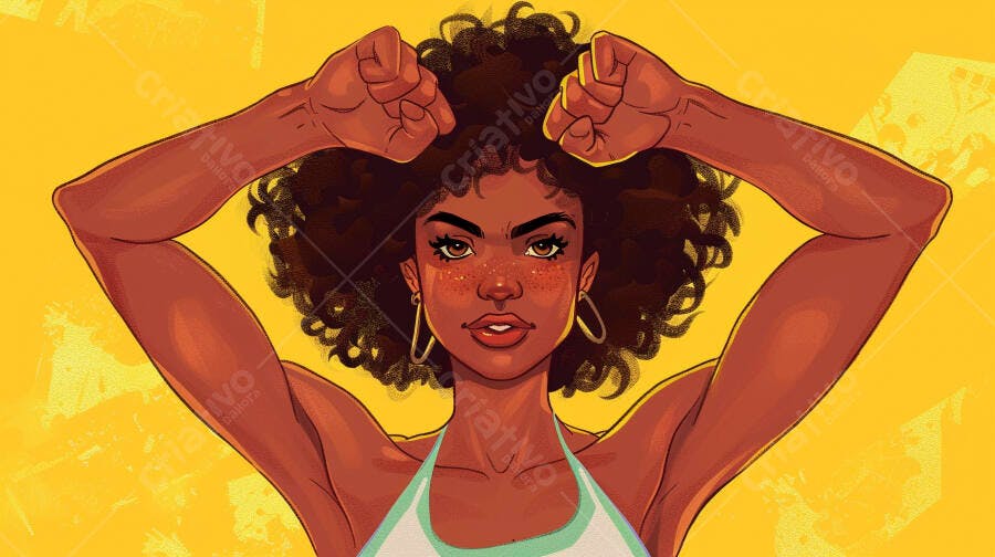 Mulher negra com cabelo afro punhos cerrados e brincos grandes em fundo amarelo vibrante