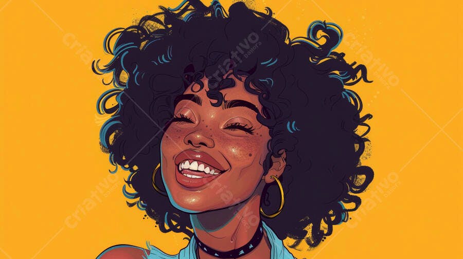 Mulher negra feliz com cabelo crespo e argolas douradas em fundo amarelo vibrante