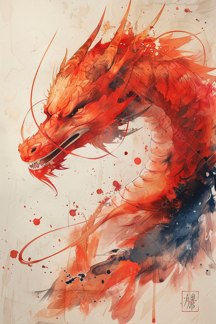 Dragão vermelho feroz em pintura aquarela com tons azuis e laranjas