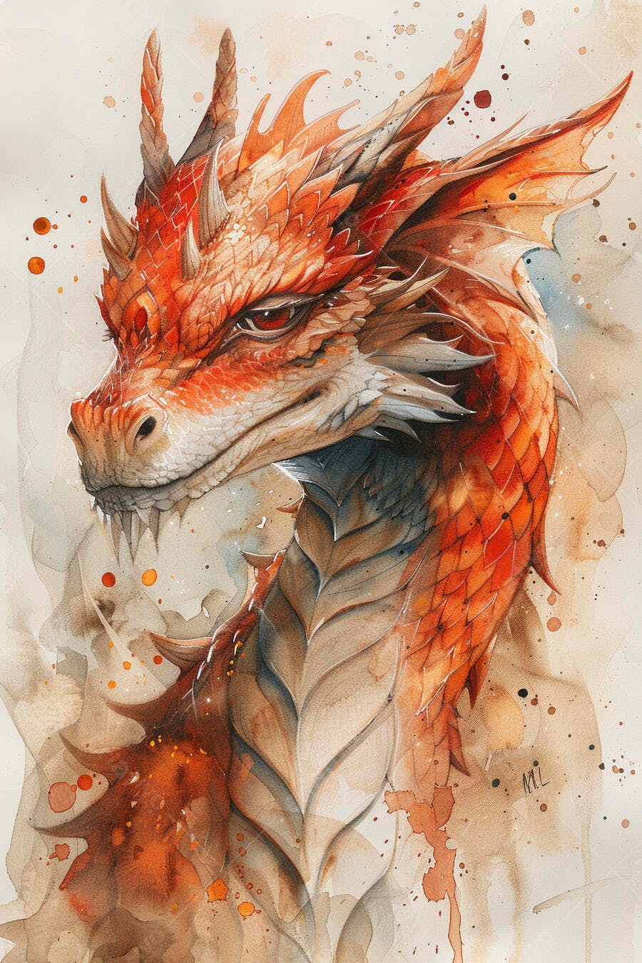 Dragão vermelho laranja em aquarela arte de fantasia
