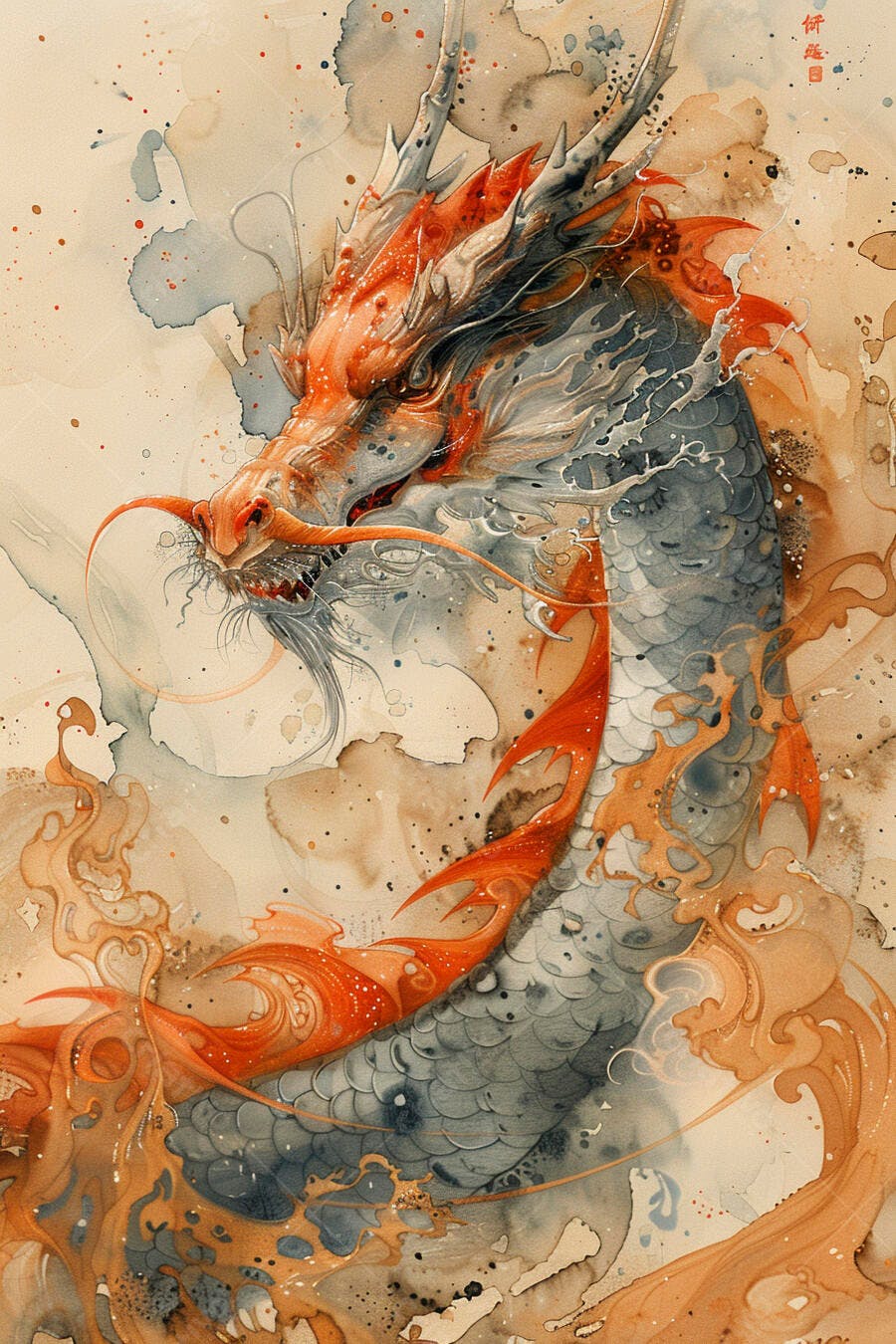 Dragão oriental em aquarela tons de laranja e cinza arte mística tradicional