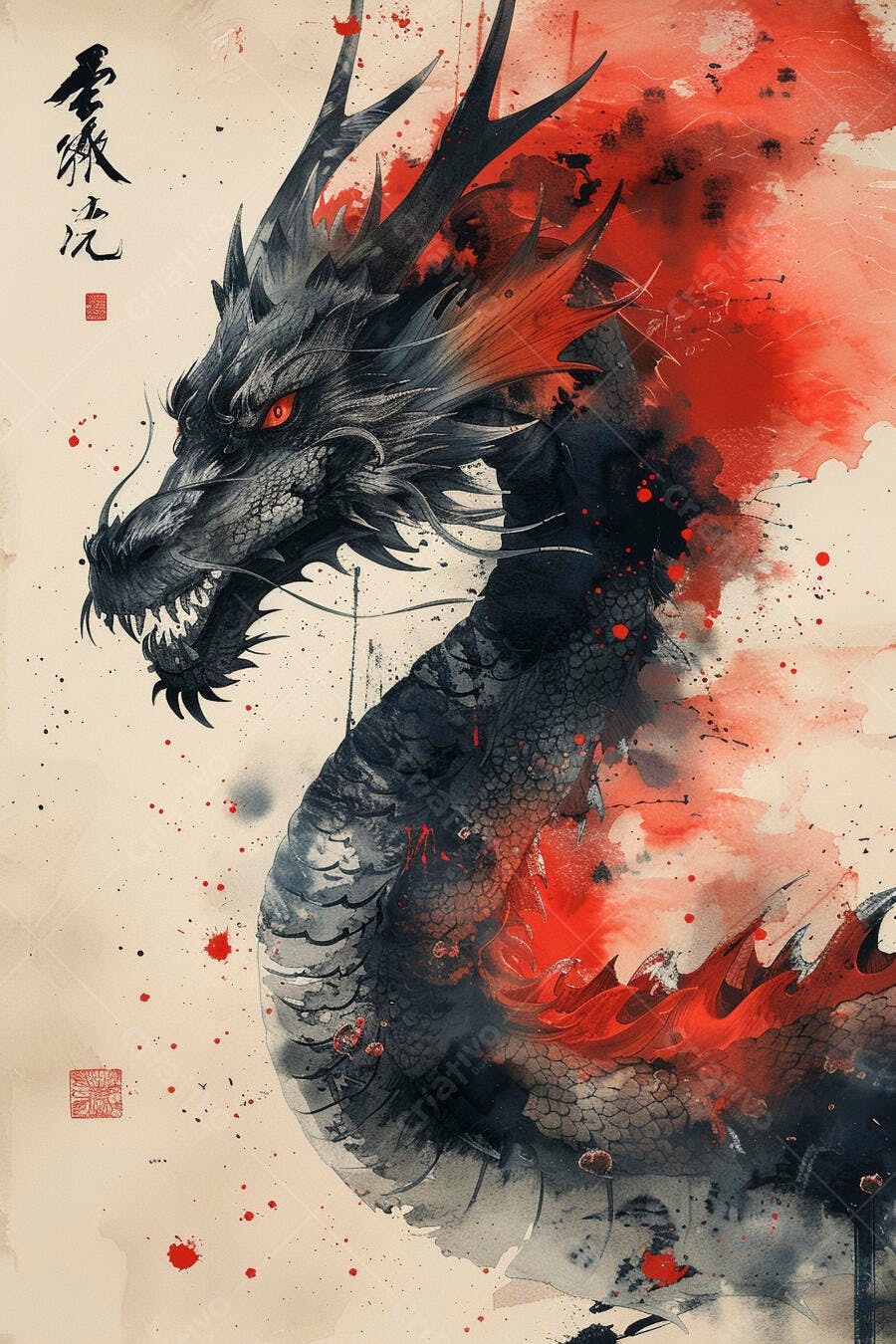 Dragão asiático preto e vermelho olhos brilhantes arte tradicional aquarela