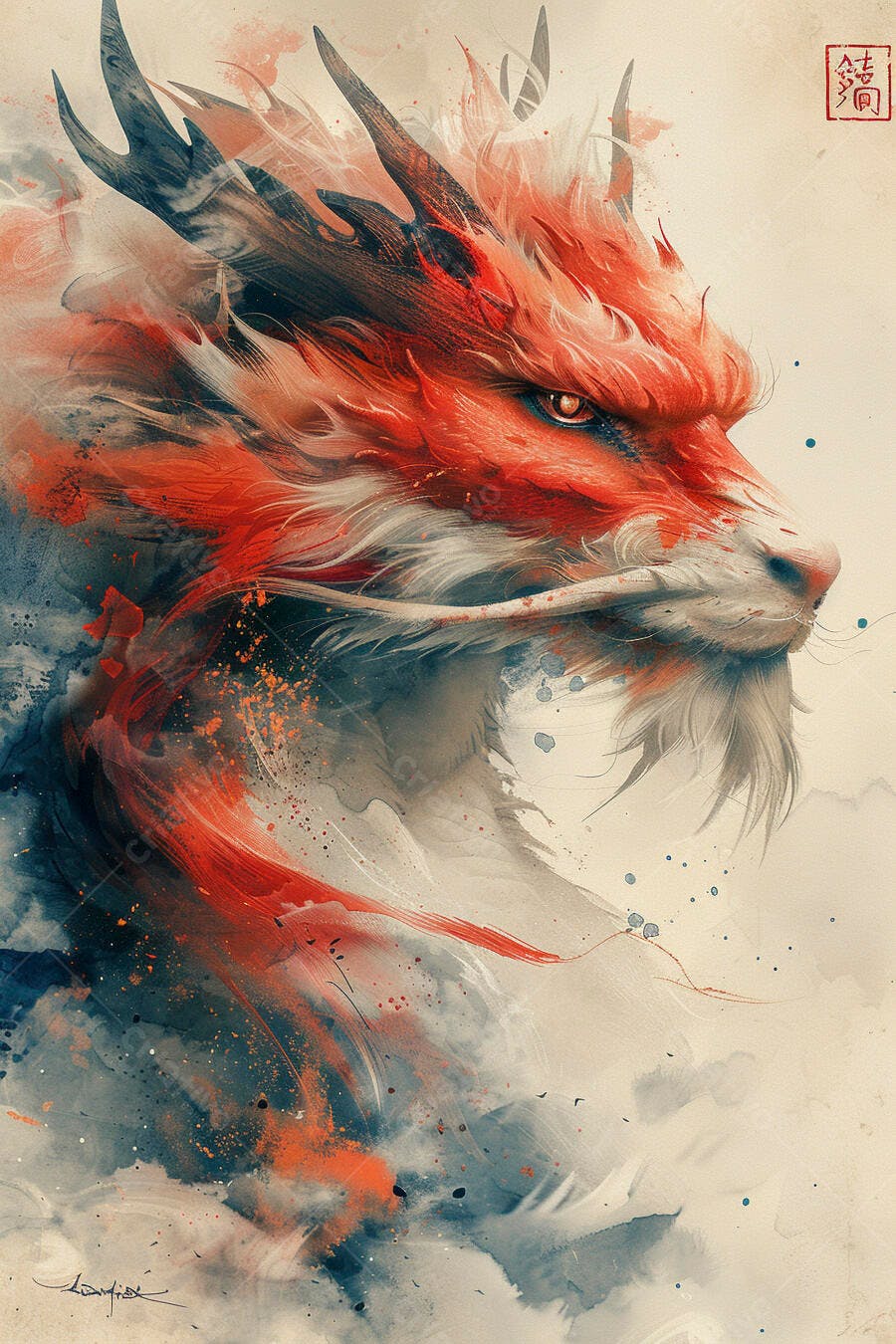 Dragão vermelho e branco com olhos dourados em aquarela dinâmica