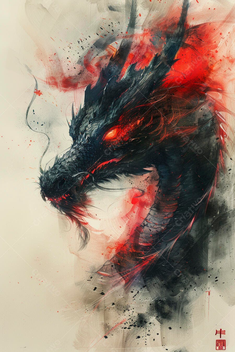 Dragão oriental preto e vermelho feroz em arte abstrata vibrante