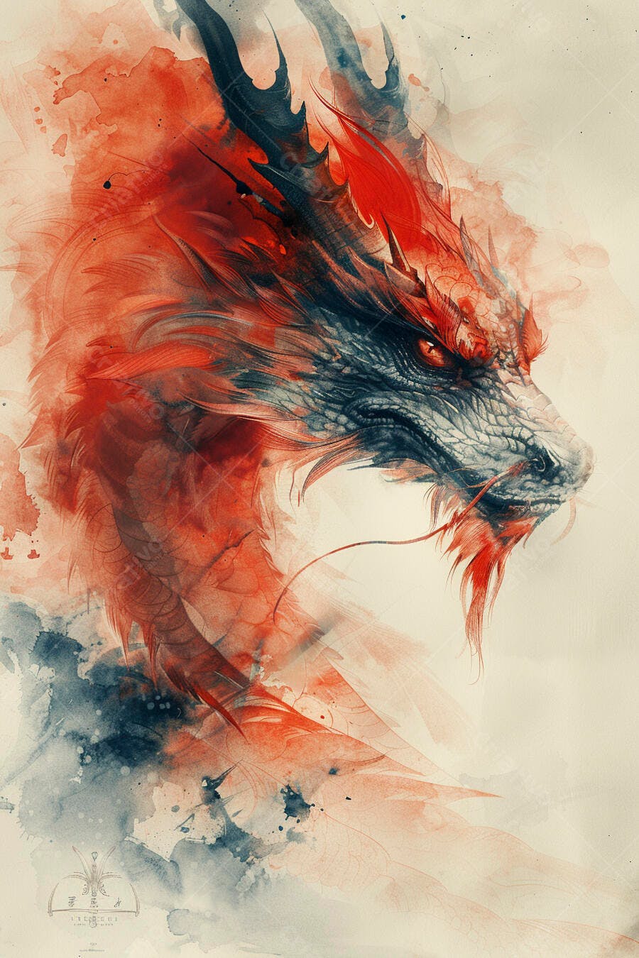 Dragão oriental feroz em aquarela vermelha e azul arte fantástica