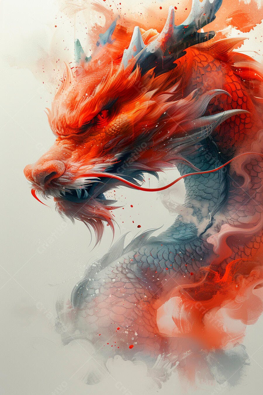 Dragão oriental vermelho e azul em aquarela emergindo de fumaça mística