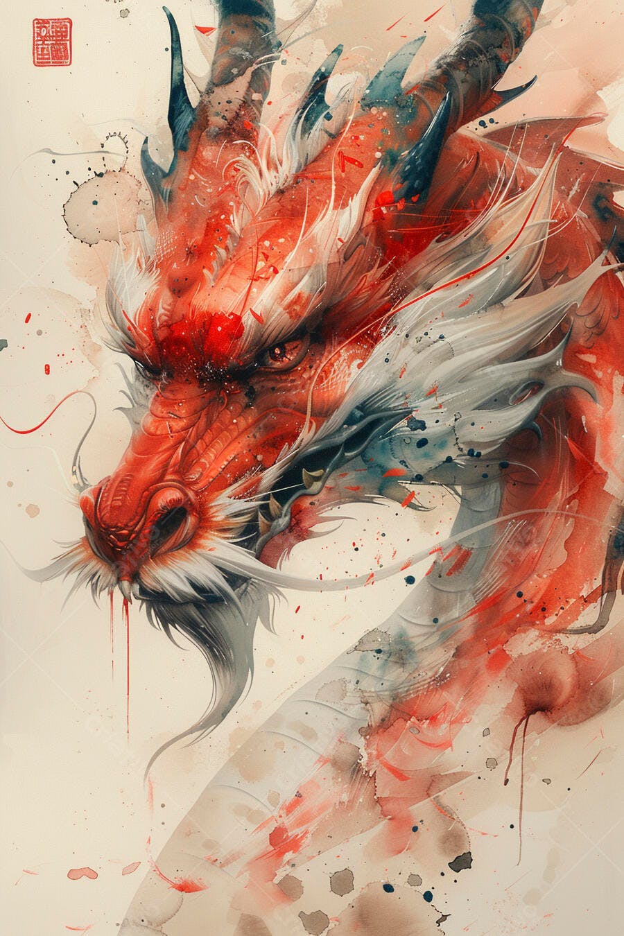 Dragão vermelho e branco com chifres arte aquarela vibrante