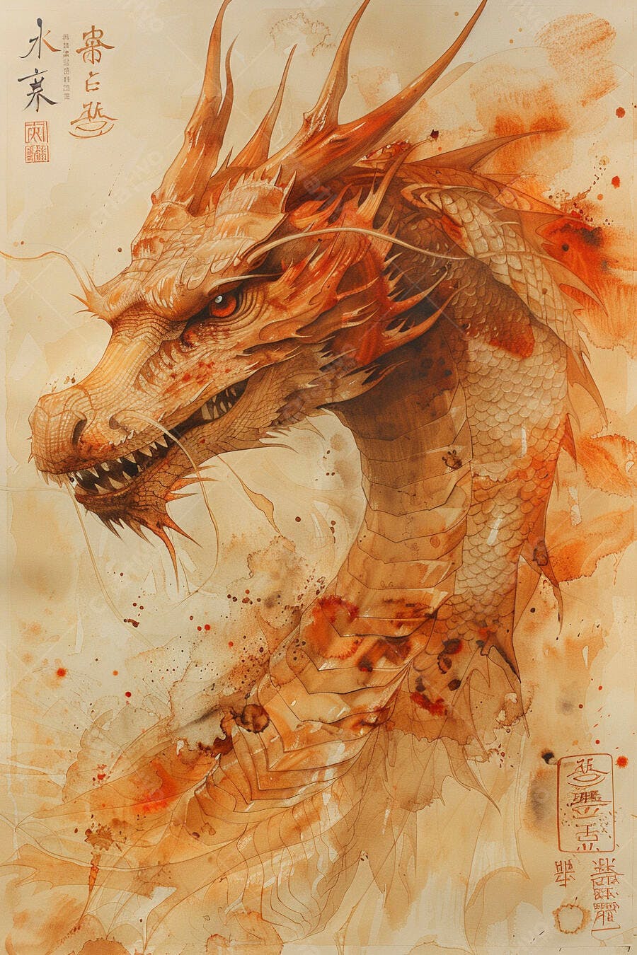 Dragão chinês em aquarela vibrante tons laranja e vermelho com olhar intenso