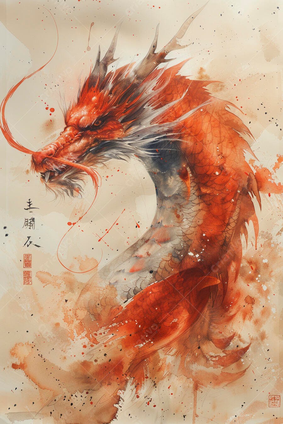 Dragão vermelho místico em arte aquarela asiática